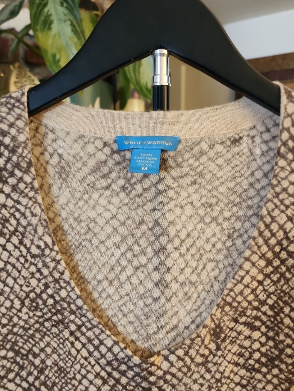 White + Warren Taupe and Cream V-Neck Snake-Print Sweater - Picture 2 of 6